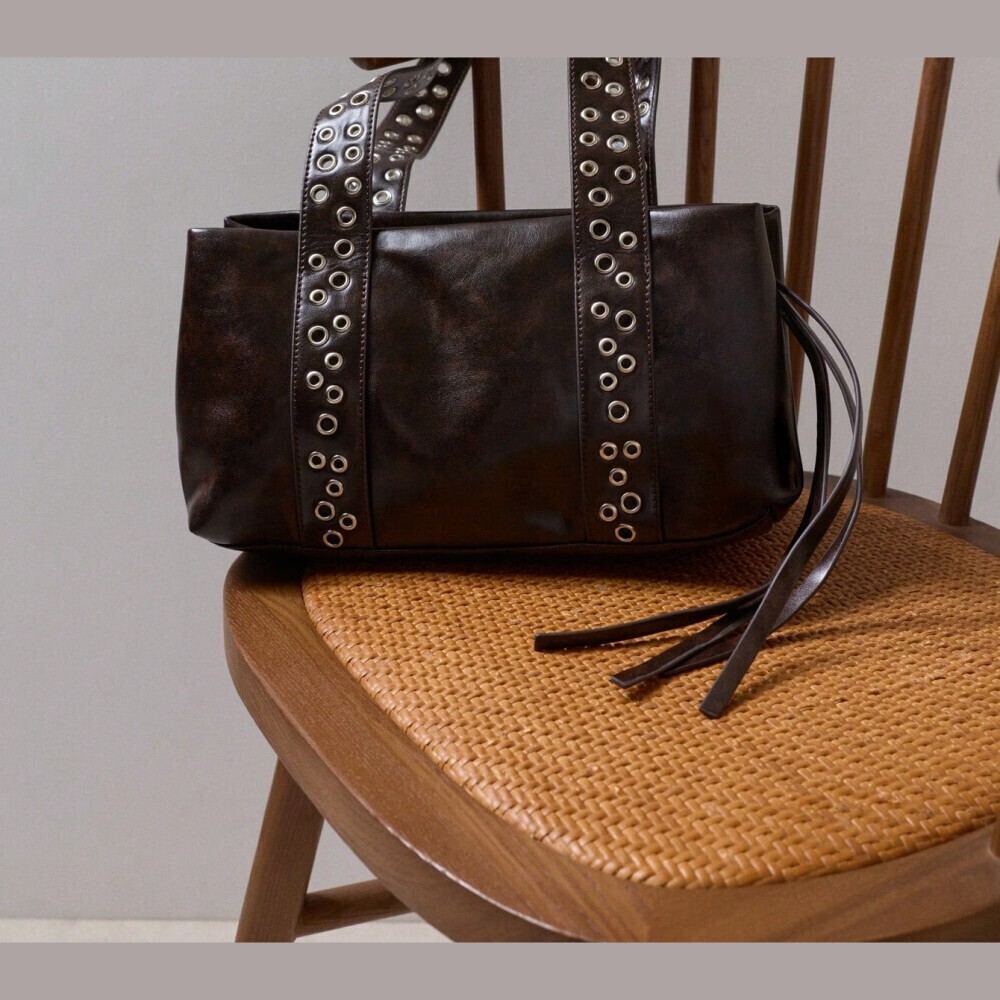 Dark Brown Faux Leather Grommet Trim Shoulder Tote Bag with Fringe Tassel